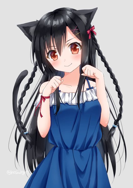 Anime picture 702x991 with original hoshino kagari single long hair tall image looking at viewer blush black hair simple background smile red eyes signed animal ears tail braid (braids) head tilt animal tail cat ears grey background cat girl