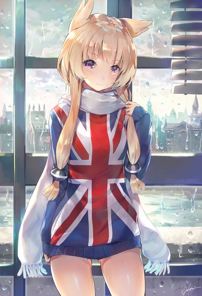 Anime picture 1095x1600 with azur lane warspite (azur lane) deecha single long hair tall image looking at viewer blush fringe light erotic blonde hair standing purple eyes signed animal ears indoors blunt bangs long sleeves city ass visible through thighs