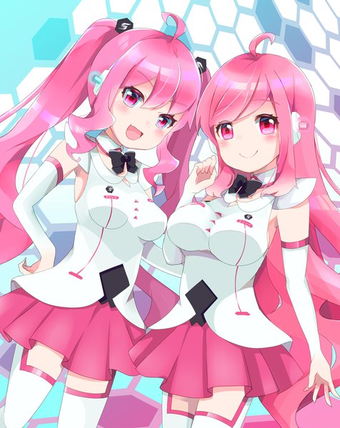 Anime picture 952x1200 with sound voltex rasis grace (sound voltex) poplin long hair tall image looking at viewer blush fringe breasts open mouth simple background smile hair between eyes large breasts standing twintails multiple girls payot pink hair