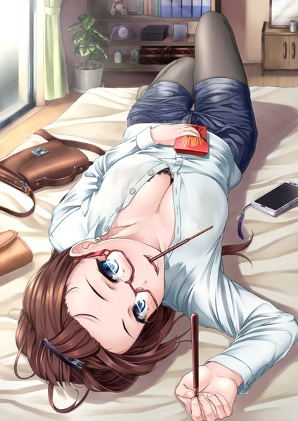 Anime picture 2683x3800 with original nuppa single long hair tall image looking at viewer blush highres breasts open mouth blue eyes light erotic brown hair holding cleavage indoors lying long sleeves on back mouth hold