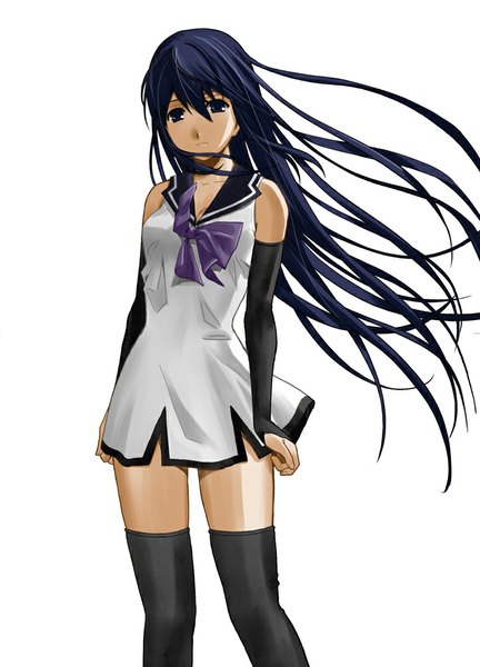 Anime picture 720x1000 with gokukoku no brynhildr arms corporation kuroha neko single long hair tall image looking at viewer fringe breasts blue eyes simple background standing white background blue hair cleavage zettai ryouiki girl thighhighs dress black thighhighs