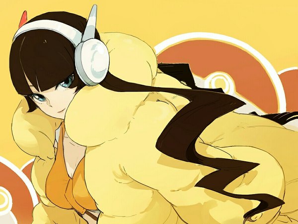Anime picture 1000x750 with pokemon pokemon black and white nintendo elesa (pokemon) francisco valle single long hair looking at viewer fringe blue eyes smile brown hair twintails girl headphones