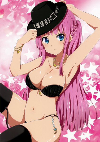 Anime picture 2161x3067 with comic toranoana ragho no erika single long hair tall image looking at viewer highres breasts blue eyes light erotic large breasts pink hair scan girl thighhighs navel underwear panties black thighhighs hat
