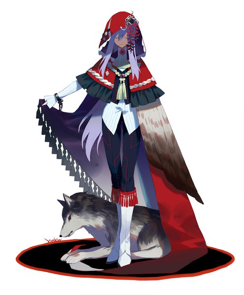 Anime picture 724x875 with original yamakawa single long hair tall image fringe simple background standing white background purple hair eyes closed outstretched hand girl hair ornament animal cape pants knee boots wolf