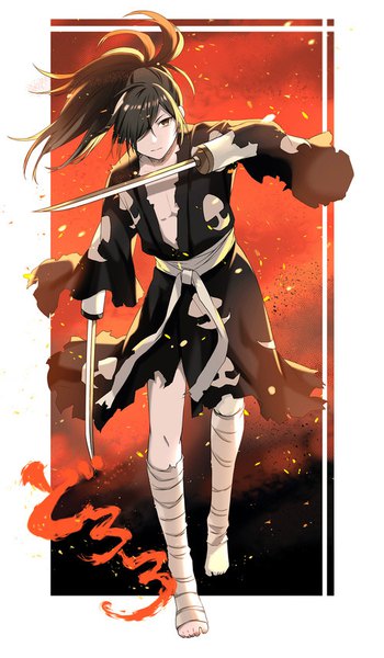 Anime picture 500x857 with dororo (tezuka) hyakkimaru (dororo) shiromimiracle single long hair tall image looking at viewer fringe brown hair brown eyes full body bent knee (knees) ponytail traditional clothes japanese clothes barefoot hair over one eye leaning copyright name floating hair