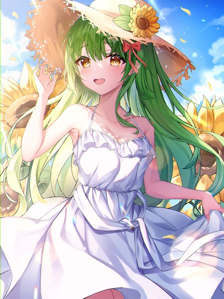 Anime picture 3000x4000 with original ttopang single long hair tall image looking at viewer blush fringe highres breasts open mouth smile standing payot sky cleavage cloud (clouds) outdoors blunt bangs :d