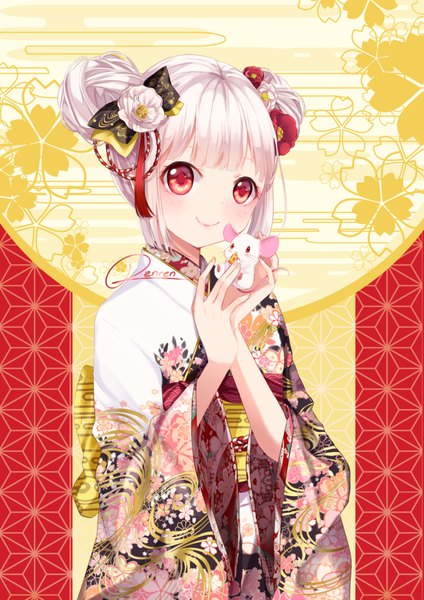 Anime picture 1240x1754 with original renren single tall image blush short hair smile red eyes holding signed payot upper body white hair traditional clothes japanese clothes hair bun (hair buns) new year egasumi zodiac chinese zodiac