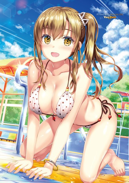 Anime picture 1359x1920 with original yan-yam single long hair tall image looking at viewer blush fringe breasts open mouth light erotic blonde hair smile hair between eyes large breasts yellow eyes payot sky cleavage cloud (clouds)