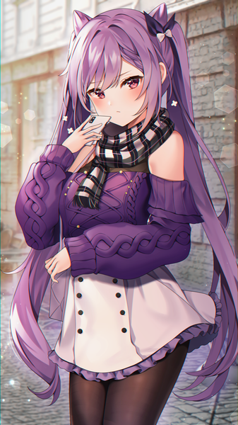 Anime picture 1000x1783 with genshin impact keqing (genshin impact) keqing (lantern rite) (genshin impact) reel (riru) single long hair tall image looking at viewer blush fringe breasts light erotic red eyes standing twintails bare shoulders holding payot purple hair outdoors
