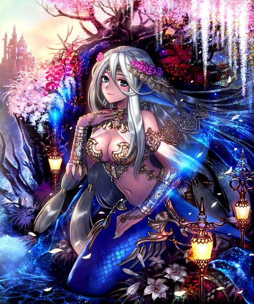 Anime picture 1429x1714 with shingoku no valhalla gate original kyo=hibiki (artist) single long hair tall image looking at viewer fringe breasts blue eyes light erotic silver hair very long hair fingernails official art girl navel hair ornament flower (flowers) plant (plants)