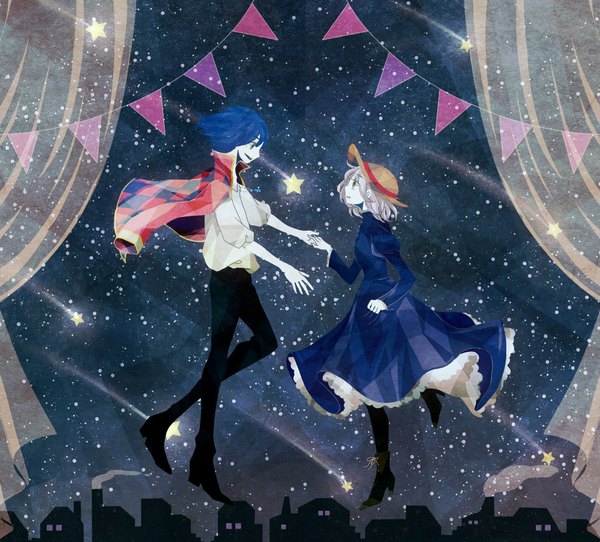 Anime picture 1132x1024 with howl's moving castle studio ghibli howl sophie hatter tagme (artist) short hair blue eyes smile yellow eyes blue hair profile grey hair night night sky couple city holding hands happy cityscape pale skin