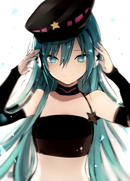 Anime picture 642x896 with project diva vocaloid hatsune miku lpip single long hair tall image looking at viewer fringe simple background hair between eyes white background payot upper body nail polish aqua eyes fingernails light smile blurry aqua hair