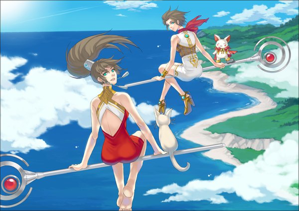 Anime picture 1240x877 with original zuhrah long hair short hair brown hair sitting multiple girls green eyes sky cloud (clouds) ponytail looking back barefoot from above wind high heels back flying siblings sisters