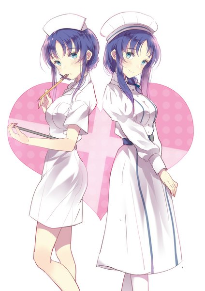 Anime picture 777x1099 with nagi no asukara p.a. works hiradaira chisaki domotolain tall image looking at viewer blush fringe breasts simple background smile white background multiple girls holding purple hair alternate hairstyle nurse hair up girl uniform