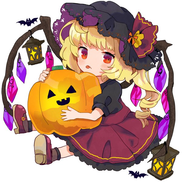 Anime picture 1102x1102 with touhou flandre scarlet tamagogayu1998 single long hair blush blonde hair simple background red eyes white background sitting full body one side up drill hair halloween :p chibi cute girl hat