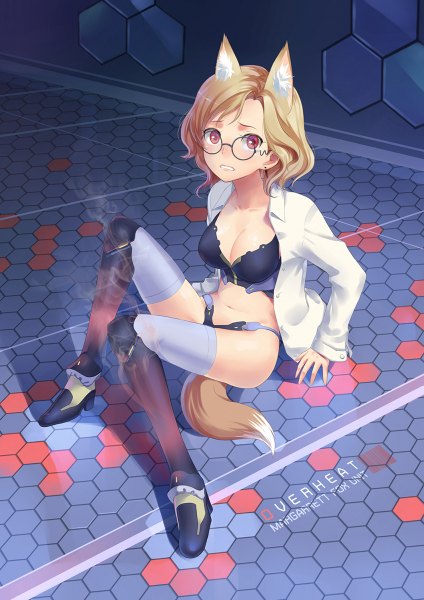 Anime picture 848x1200 with original salmon88 single tall image short hair breasts light erotic blonde hair red eyes sitting animal ears looking away cleavage bent knee (knees) tail animal tail open clothes open shirt fox ears fox tail