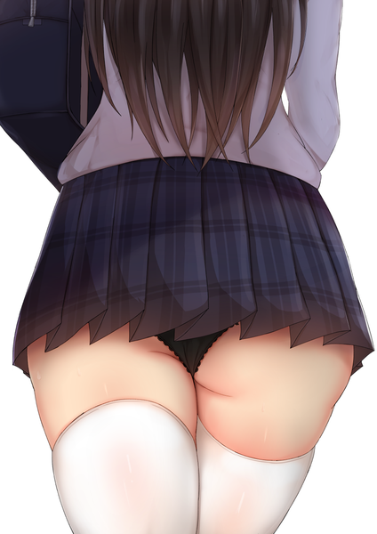 Anime picture 950x1344 with original chiyo (pk19981234) single long hair tall image light erotic simple background brown hair standing white background ass pleated skirt from behind pantyshot zettai ryouiki plaid skirt girl thighhighs skirt uniform