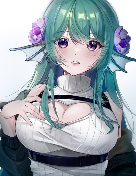 Anime picture 1476x1907 with virtual youtuber nijisanji nijisanji en finana ryugu kano3 single long hair tall image looking at viewer blush breasts light erotic simple background large breasts purple eyes upper body hair flower green hair cleavage cutout clenched teeth