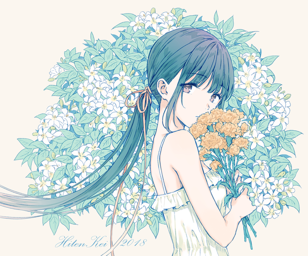Anime picture 1000x833 with original hiten (hitenkei) single long hair looking at viewer fringe black hair simple background standing holding brown eyes signed payot upper body ponytail blunt bangs turning head floral background 2018 girl