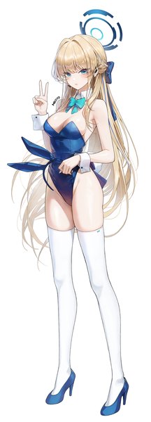 Anime picture 1100x3052 with blue archive toki (blue archive) toki (bunny) (blue archive) meoyo single long hair tall image looking at viewer fringe breasts blue eyes light erotic simple background blonde hair standing white background holding signed animal ears full body