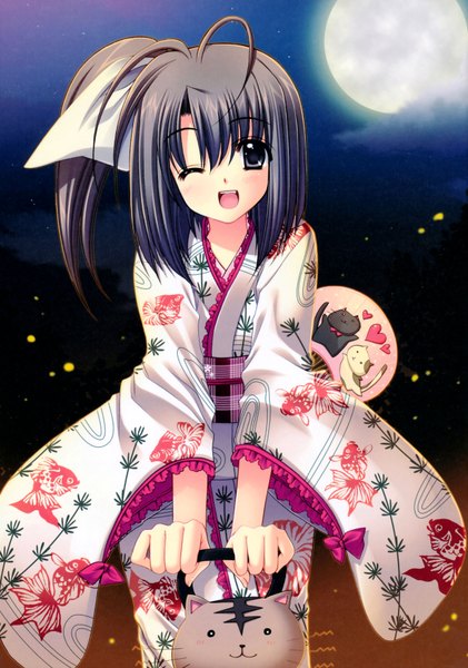 Anime picture 4912x7000 with oretachi ni tsubasa wa nai ootori naru nishimata aoi single tall image highres short hair open mouth black hair smile absurdres :d japanese clothes one eye closed wink black eyes scan night night sky one side up