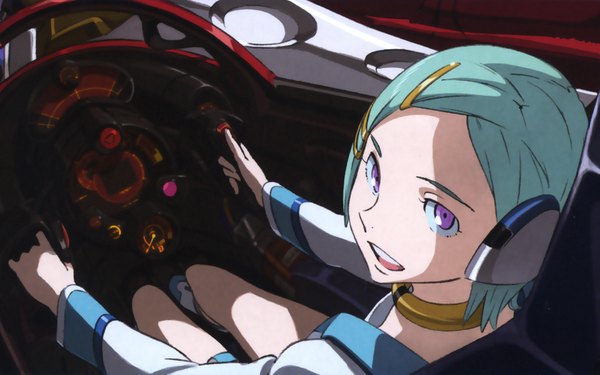 Anime picture 1680x1050 with eureka seven studio bones eureka single looking at viewer short hair open mouth wide image sitting purple eyes looking back green hair cockpit girl hair ornament hairclip headphones bobby pin collar