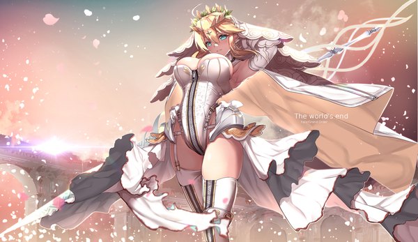 Anime picture 2243x1300 with fate (series) fate/grand order artoria pendragon (all) nero claudius (fate) (all) nero claudius (bride) (fate) artoria pendragon (lancer) untue single looking at viewer blush fringe highres short hair breasts blue eyes light erotic blonde hair hair between eyes wide image standing