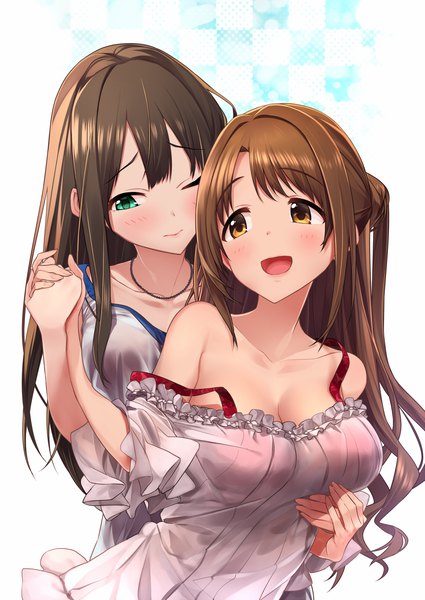 Anime picture 1253x1770 with idolmaster idolmaster cinderella girls shibuya rin shimamura uzuki baffu long hair tall image blush breasts open mouth light erotic brown hair large breasts multiple girls brown eyes green eyes looking away upper body one eye closed embarrassed