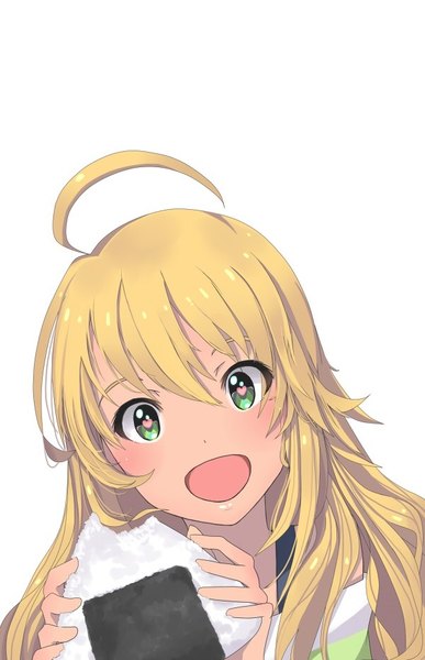 Anime picture 600x931 with idolmaster idolmaster (classic) idolmaster million live! idolmaster million live! theater days hoshii miki mistrail single long hair tall image looking at viewer blush fringe open mouth simple background blonde hair smile hair between eyes white background bare shoulders holding