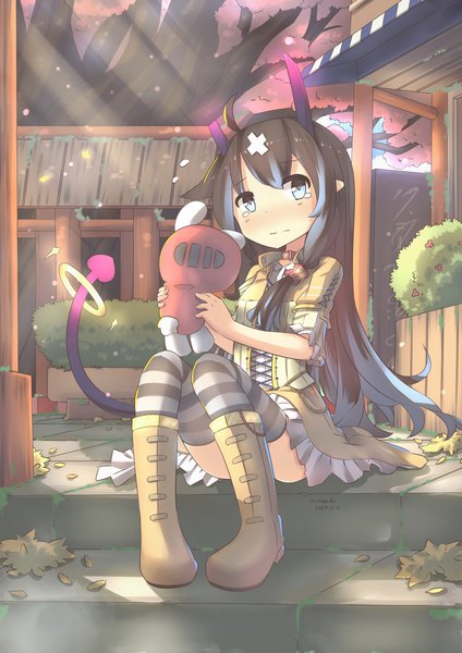 Anime picture 2480x3507 with original hinbackc single long hair tall image looking at viewer fringe highres blue eyes black hair sitting holding signed full body bent knee (knees) tail multicolored hair horn (horns) two-tone hair streaked hair
