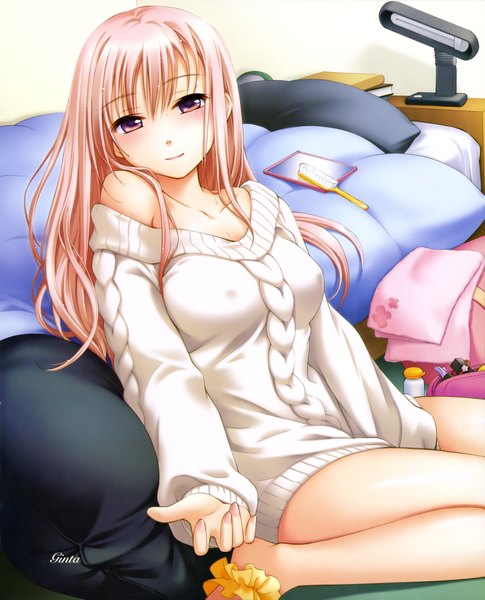 Anime picture 2899x3589 with ginta single long hair tall image blush highres light erotic sitting bare shoulders pink hair pink eyes barefoot light smile off shoulder inscription girl pillow book (books) bed sweater