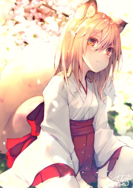 Anime picture 1417x2000 with original chita (ketchup) single long hair tall image blush fringe blonde hair hair between eyes red eyes sitting signed animal ears tail traditional clothes japanese clothes animal tail wide sleeves arm support fox ears