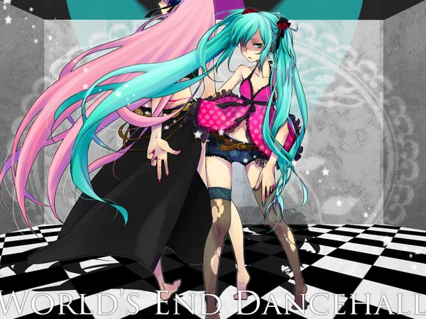 Anime picture 1600x1200 with vocaloid hatsune miku megurine luka girl thighhighs torn thighhighs