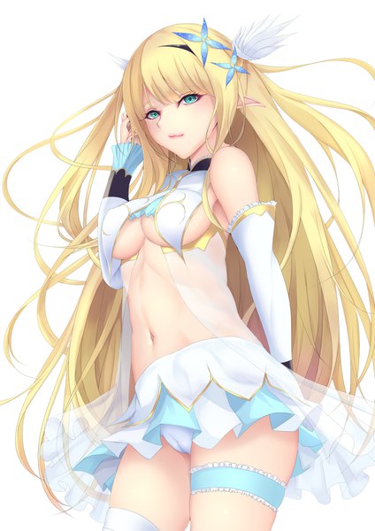 Anime picture 1240x1754 with azur lane centaur (azur lane) shiro usagi single long hair tall image looking at viewer fringe breasts light erotic simple background blonde hair standing white background payot blunt bangs aqua eyes lips pointy ears underboob