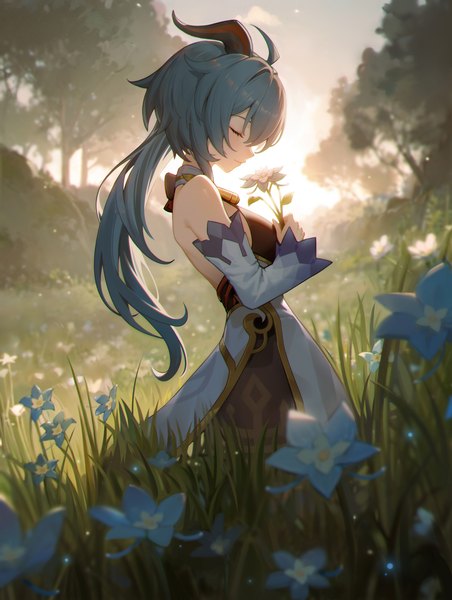 Anime picture 1536x2040 with genshin impact ganyu (genshin impact) 95--- single long hair tall image fringe hair between eyes blue hair ahoge outdoors eyes closed profile horn (horns) girl flower (flowers) plant (plants) detached sleeves tree (trees)