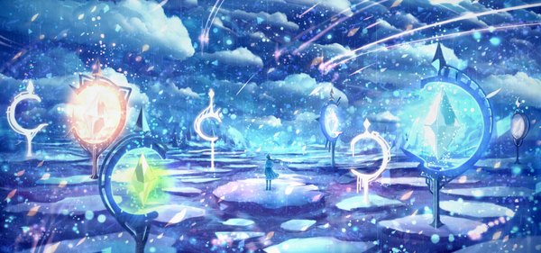 Anime picture 1792x840 with original bounin single long hair highres wide image sky cloud (clouds) wind snowing winter snow fantasy girl dress crystal