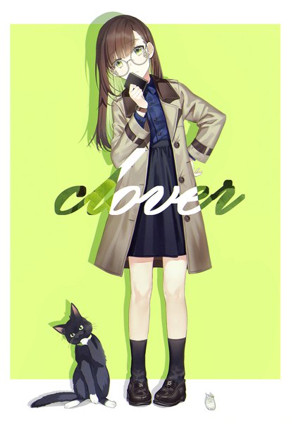 Anime picture 1500x2175 with original dr poapo single long hair tall image looking at viewer fringe simple background brown hair standing holding green eyes full body blunt bangs head tilt inscription shadow hand on hip border green background