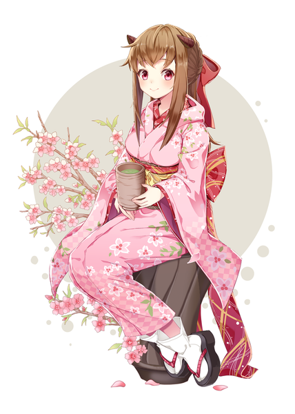 Anime picture 800x1122 with original gotmil single long hair tall image looking at viewer blush smile red eyes brown hair full body traditional clothes japanese clothes horn (horns) girl flower (flowers) socks kimono zori tabi