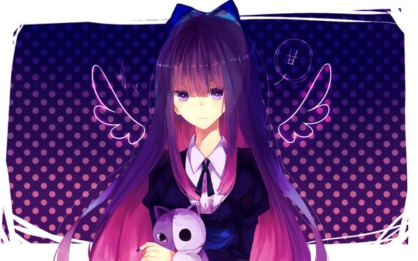 Anime picture 1600x1000 with panty & stocking with garterbelt anarchy stocking aa386993338 single long hair looking at viewer wide image purple eyes pink hair purple hair nail polish multicolored hair colored inner hair polka dot polka dot background girl bow hair bow toy stuffed animal