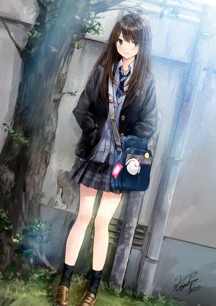 Anime picture 1080x1528 with original kazuharu kina single long hair tall image looking at viewer blush fringe smile hair between eyes brown hair standing green eyes signed full body outdoors pleated skirt bare legs plaid skirt hands in pockets