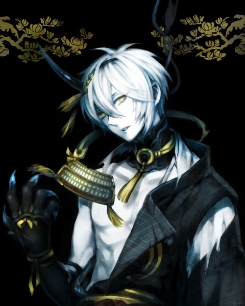 Anime picture 800x1000 with touken ranbu nitroplus mikazuki munechika yummy (yumyumyummy) single tall image looking at viewer short hair yellow eyes white hair traditional clothes parted lips head tilt japanese clothes muscle boy headband