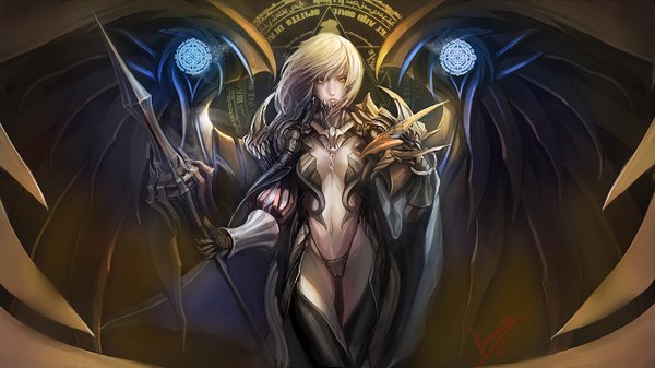 Anime picture 1280x720 with original bamuth single long hair looking at viewer light erotic blonde hair wide image yellow eyes girl gloves navel weapon earrings wings armor spear
