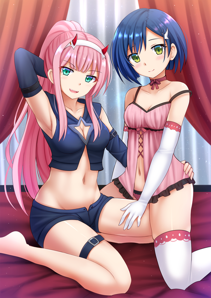 Anime picture 1200x1697 with darling in the franxx studio trigger zero two (darling in the franxx) ichigo (darling in the franxx) kazenokaze long hair tall image looking at viewer blush fringe short hair open mouth light erotic smile sitting multiple girls green eyes payot blue hair pink hair