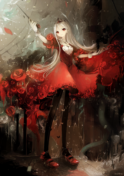 Anime picture 707x1000 with original algl rolando asahiro single long hair tall image looking at viewer blonde hair red eyes girl dress gloves flower (flowers) petals pantyhose shoes white gloves rose (roses) insect