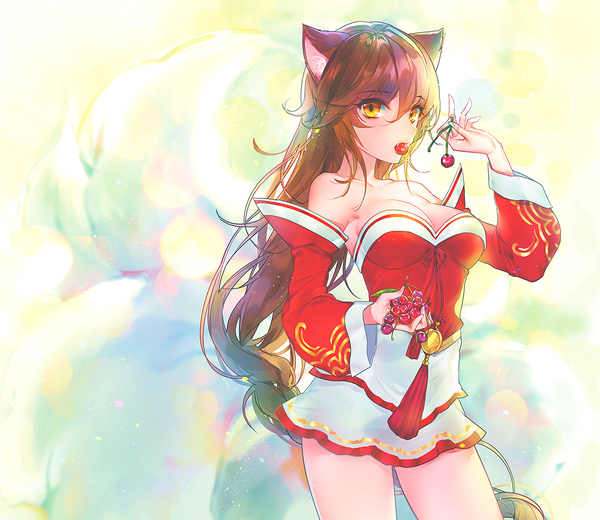 イラスト 1000x867 と league of legends ahri (league of legends) joypyonn ソロ カメラ目線 前髪 おっぱい hair between eyes 茶色の髪 大きな乳房 立つ 獣耳 黄色眼 cleavage 尻尾 三つ編み very long hair traditional clothes animal tail wide sleeves