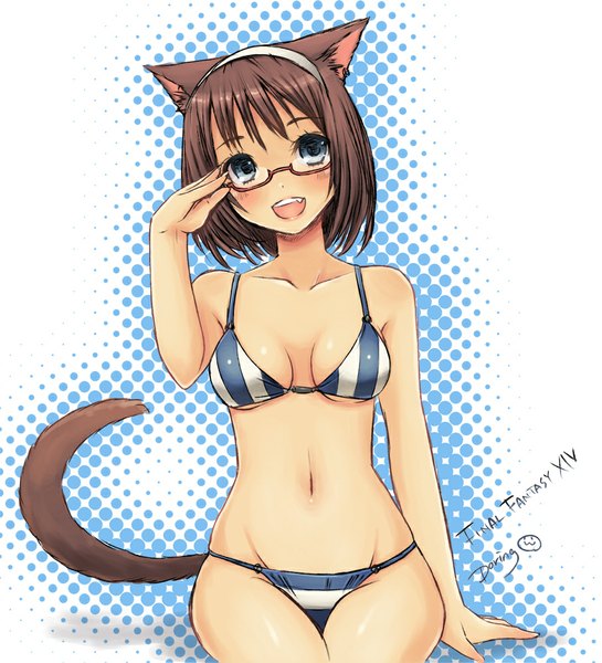 Anime picture 908x1000 with final fantasy final fantasy xiv square enix tagme (artist) single tall image looking at viewer blush short hair open mouth blue eyes light erotic smile brown hair white background bare shoulders signed animal ears cleavage tail