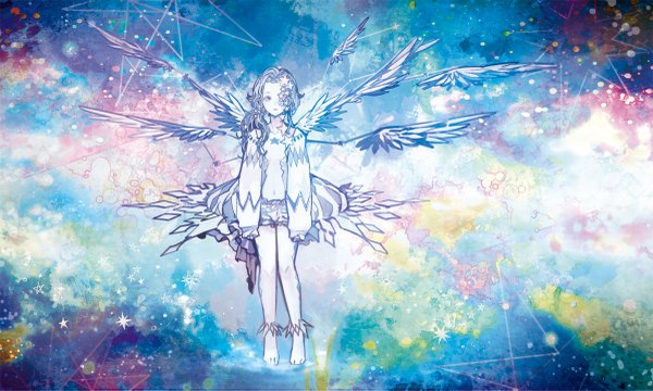 Anime picture 1200x721 with original 24 (24phage) long hair looking at viewer wide image standing long sleeves barefoot alternate costume blue background alternate hairstyle girl hair ornament wings star (symbol) star (stars)