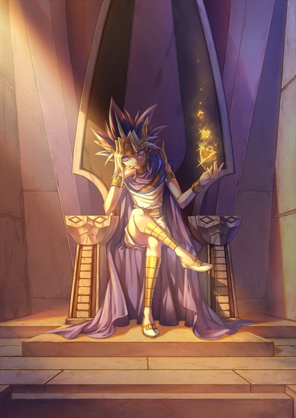 Anime picture 724x1024 with yu-gi-oh! mutou yuugi siaoyu single tall image looking at viewer blonde hair smile brown hair sitting purple eyes full body indoors multicolored hair sunlight two-tone hair sparkle crossed legs magic chin rest