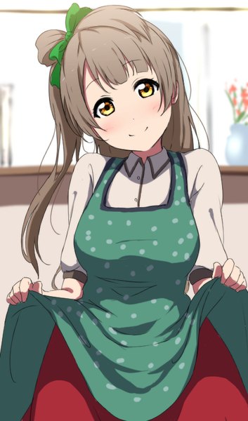 Anime picture 479x813 with love live! school idol project sunrise (studio) love live! minami kotori icehotmilktea single long hair tall image looking at viewer blush fringe breasts smile brown hair yellow eyes indoors long sleeves head tilt short sleeves one side up