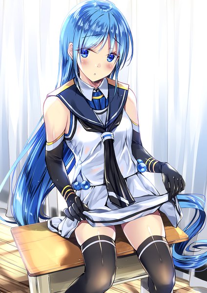 Anime picture 1240x1754 with kantai collection samidare destroyer kobayashi chisato single tall image looking at viewer blush blue eyes blue hair very long hair parted lips :o zettai ryouiki skindentation skirt lift wet clothes sailor collar girl thighhighs skirt